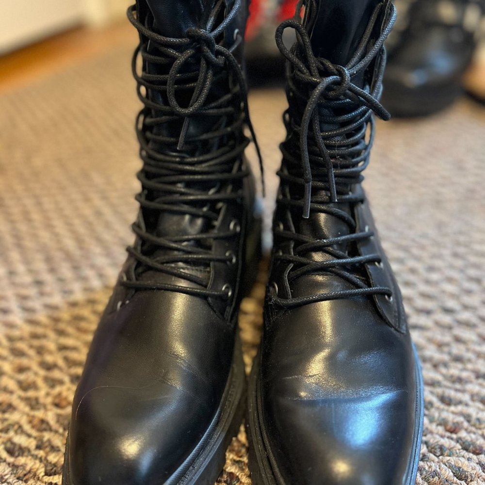 Ash Black Combat Moto Boots with Back Zipper - Picture 2 of 5
